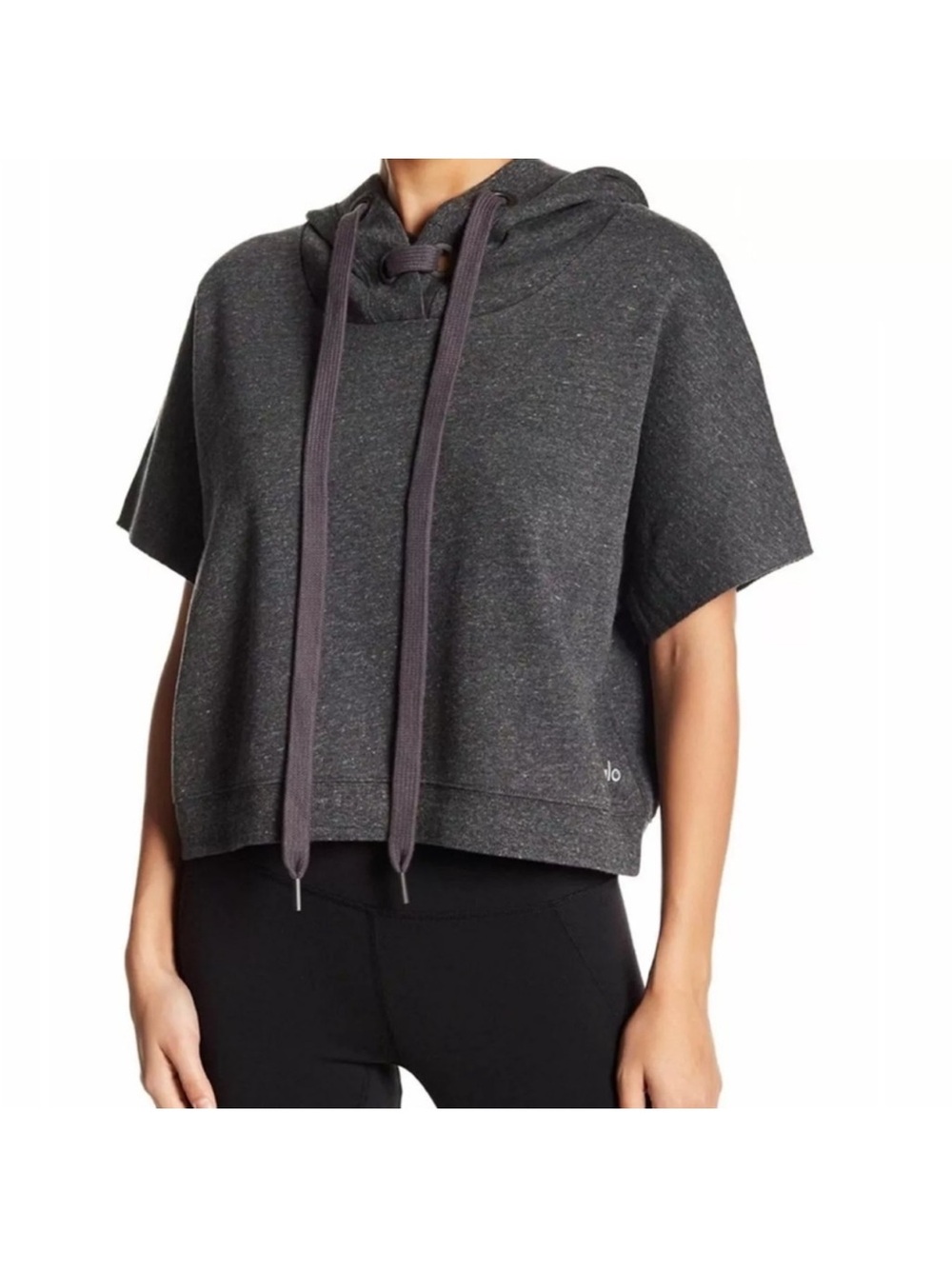 ALO Yoga Realm Charcoal Short-Sleeve Hoodie Pullover- Large